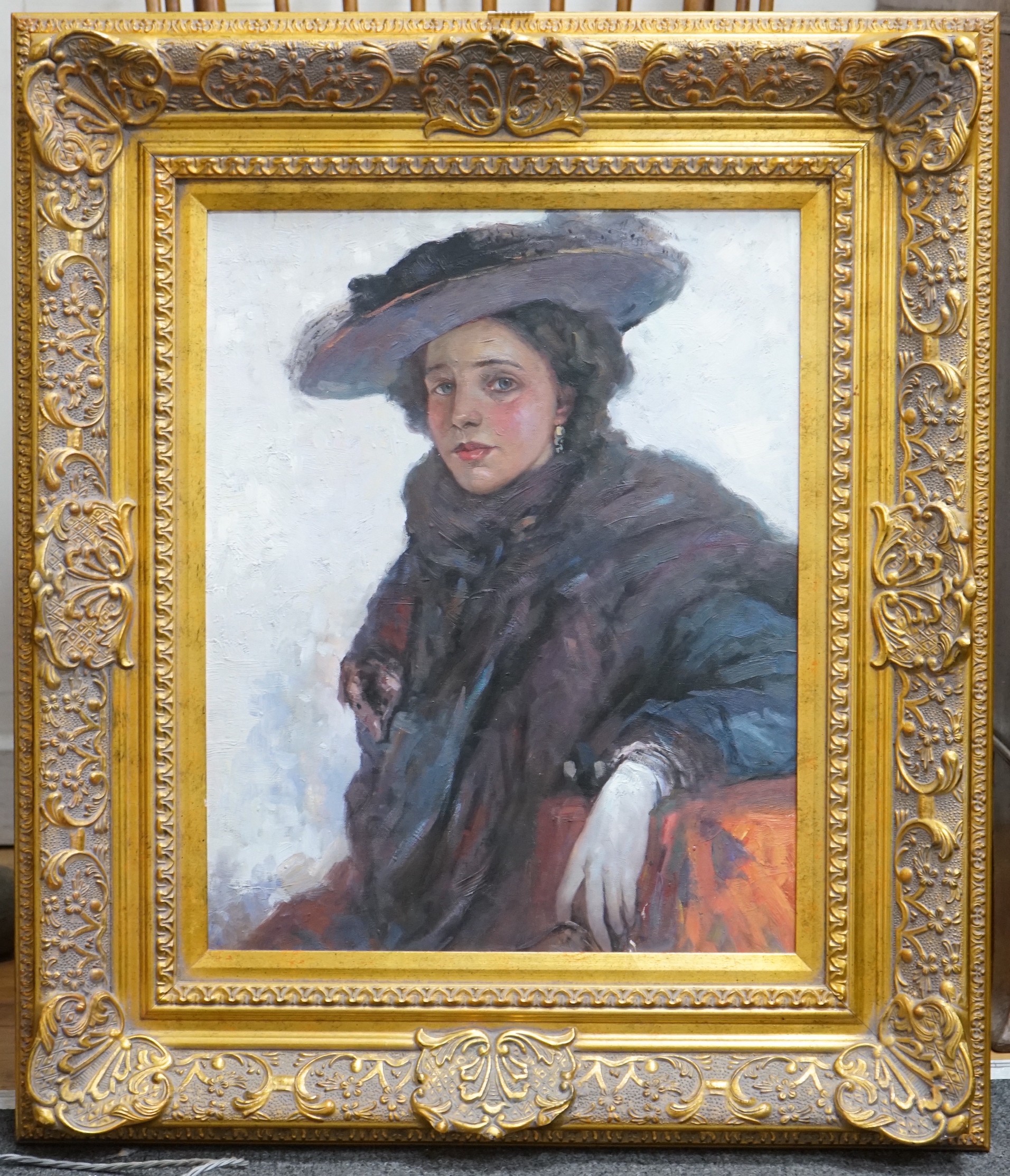 A modern oil on canvas depicting an Edwardian lady, 50 x 40cm